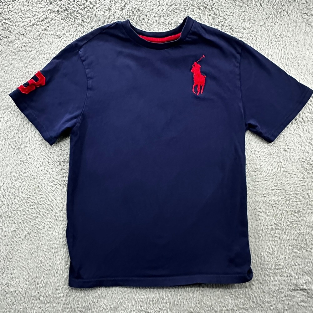 Polo Ralph Lauren Boys XL 18-20 Navy Blue Big Pony Red 3 Patch T-Shirt Preppy